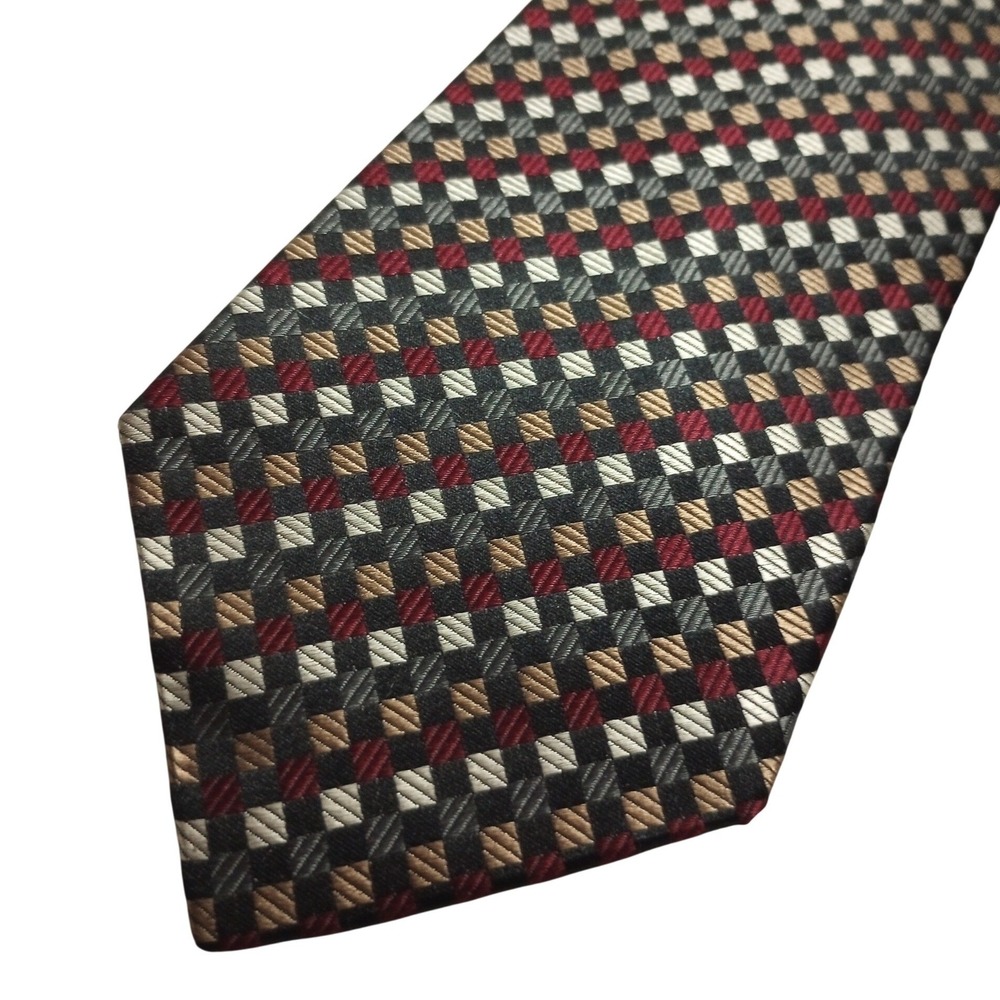 Roberto Villini Collezione Silk Tie Mens Burgundy Gold Silver Geometric Check